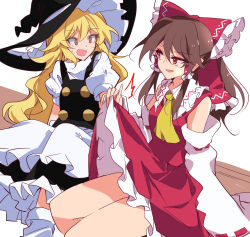 Rule 34 | 2girls, apron, ascot, black vest, blonde hair, bow, brown eyes, brown hair, clothes lift, commentary request, detached sleeves, hair bow, hair tubes, hakurei reimu, hat, highres, ichimura kanata, kirisame marisa, lifting another&#039;s clothes, long hair, multiple girls, nontraditional miko, open mouth, red bow, red eyes, red shirt, red skirt, ribbon-trimmed sleeves, ribbon trim, shirt, short sleeves, simple background, sitting, skirt, skirt lift, smile, sweatdrop, thighs, touhou, vest, waist apron, white background, wide sleeves, witch hat, yellow ascot