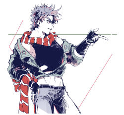 Rule 34 | 1boy, bad id, bad pixiv id, battle tendency, cropped jacket, fingerless gloves, gloves, highres, jacket, jojo no kimyou na bouken, joseph joestar, joseph joestar (young), male focus, messy hair, midriff, multicolored clothes, multicolored scarf, nigelungdayo, off shoulder, open clothes, open jacket, pointing, scarf, solo, spiked hair, striped clothes, striped scarf