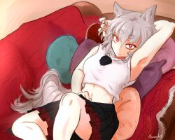 Rule 34 | 1girl, :&gt;, absurdres, animal ears, armpits, artist name, breasts, couch, cushion, feet out of frame, from above, grey hair, hair between eyes, hat, highres, inubashiri momiji, knee up, looking at viewer, lying, medium breasts, midriff, navel, no headwear, on back, pillow, pom pom (clothes), ramnik5, red eyes, short hair, skirt, solo, tail, thick eyebrows, tokin hat, touhou, upturned eyes, wolf ears, wolf tail