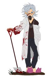 Rule 34 | absurdres, black pants, blood, blood on clothes, blood on face, blood on hands, blood on shovel, blue eyes, brown shirt, brown sweater, chinese commentary, collared shirt, commentary request, doughnut, eyes visible through hair, food, food in mouth, full body, glasses, grey hair, grey necktie, highres, holding, holding shovel, kanou aogu, lab coat, long sleeves, male focus, necktie, pants, pink footwear, rectangular eyewear, saibou shinkyoku, semi-rimless eyewear, shirt, short hair, shovel, simple background, sketch, slippers, sweater, v-neck, white background, xiaogugu87440