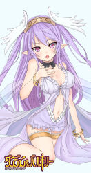 Rule 34 | 1girl, blush, bracelet, breasts, center opening, cleavage, copyright name, dungeon &amp; valkyrie, highres, jewelry, kagerou (shadowmage), large breasts, long hair, looking at viewer, lots of jewelry, navel, open mouth, pointy ears, purple eyes, purple hair, shiny skin, simple background, siren (dungeon &amp; valkyrie), solo, thigh strap, very long hair, white background