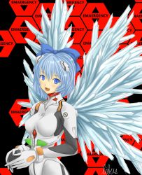 Rule 34 | 1girl, ayanami rei, ayanami rei (cosplay), bad id, bad pixiv id, blue eyes, blue hair, bow, cirno, cosplay, crossover, english text, engrish text, hair bow, highres, honeycomb (pattern), honeycomb background, honeycomb pattern, libus, look-alike, matching hair/eyes, neon genesis evangelion, plugsuit, plugsuit (cosplay), ranguage, short hair, sion (pixiv), solo, touhou, wings