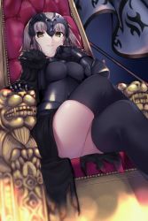 Rule 34 | 1girl, absurdres, armor, armored dress, banner, black thighhighs, breasts, breasts apart, brown eyes, crossed legs, fate/grand order, fate (series), from below, gauntlets, grey hair, head rest, highres, jeanne d&#039;arc (fate), jeanne d&#039;arc alter (avenger) (fate), jeanne d&#039;arc alter (avenger) (first ascension) (fate), jeanne d&#039;arc alter (fate), looking at viewer, medium breasts, monobe tsukuri, parted lips, perspective, short hair, sitting, solo, thighhighs