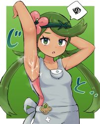 Rule 34 | 1girl, :o, arm up, armpits, blush, border, collarbone, commentary request, creatures (company), cum, cum on armpit, eyelashes, flower, game freak, green background, green eyes, green hair, grey overalls, hair flower, hair ornament, hand up, highres, kutabireta neko, long hair, looking at viewer, mallow (pokemon), nintendo, open mouth, outside border, overalls, pink flower, pink shirt, pokemon, pokemon sm, presenting armpit, shirt, solo, spoken squiggle, squiggle, steaming body, swept bangs, twintails, white border