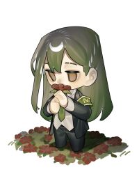 1boy armband black_jacket black_pants black_suit brown_eyes chibi collared_shirt dress_shirt flower formal_clothes full_body green_armband green_hair green_necktie highres holding holding_flower jacket lobotomy_corporation long_hair necktie netzach_(project_moon) open_clothes open_jacket pants project_moon red_flower shirt simple_background smelling smelling_flower solo suit suit_jacket toeiki_c untucked_shirt white_background white_shirt