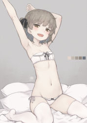 Rule 34 | 1girl, :d, armpits, arms up, bra, brown eyes, brown hair, child, commentary request, dan (kumadan), fangs, gluteal fold, grey background, hair ribbon, hatoba tsugu, hatoba tsugu, highres, mole, mole under eye, navel, one side up, open mouth, panties, revision, ribbon, short hair, side-tie panties, simple background, sitting, smile, solo, strapless, strapless bra, thighhighs, underwear, underwear only, virtual youtuber, wariza, white bra, white panties, white thighhighs