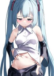 Rule 34 | 1girl, absurdres, aqua hair, bare shoulders, blush, breasts, collared shirt, grey eyes, hands on own stomach, hatsune miku, highres, long hair, looking down, satou (www nemu), shirt, skirt, small breasts, solo, stomach, sweat, twintails, very long hair, vocaloid, white shirt