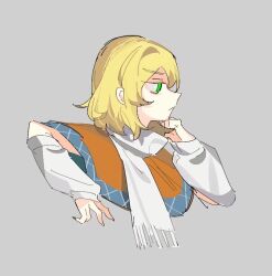Rule 34 | 1girl, blonde hair, capelet, chinese commentary, commentary request, detached sleeves, green eyes, grey background, hand on own chin, kaminai404, medium hair, mizuhashi parsee, orange capelet, profile, scarf, simple background, solo, touhou, white scarf, white sleeves