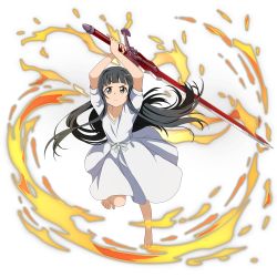 Rule 34 | 1girl, arms up, barefoot, black eyes, black hair, blunt bangs, collarbone, dress, fire, floating hair, full body, grey ribbon, highres, holding, holding sword, holding weapon, leg up, long hair, pyrokinesis, short sleeves, solo, sundress, sword, sword art online, transparent background, very long hair, weapon, white dress, yui (sao)