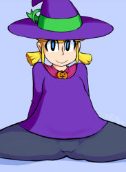 Rule 34 | 1girl, android, blonde hair, blue eyes, dress, fupoo, hat, mega man (classic), mega man (series), no humans, robot, roll (mega man), shirt, simple background, smile, solo, witch hat