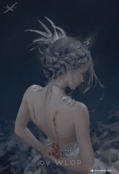 Rule 34 | 1girl, artist name, backless dress, backless outfit, bare arms, bare shoulders, bleeding, blood, braid, closed mouth, commentary, crown, dragon wings, dress, english commentary, feathers, from behind, ghostblade, grey hair, hair ornament, highres, injury, patreon username, solo, standing, wings, wlop
