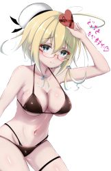 Rule 34 | 1girl, absurdres, bikini, black bikini, blonde hair, breasts, cleavage, cowboy shot, green eyes, hat, highres, honma (honmatomohiro), i-8 (kancolle), kantai collection, large breasts, layered bikini, leaning forward, looking at viewer, low twintails, peaked cap, sailor hat, simple background, solo, standing, swimsuit, translated, twintails, white background, white hat