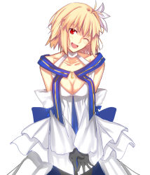 Rule 34 | 1girl, archetype earth, arcueid brunestud, bare shoulders, black gloves, blonde hair, blue skirt, blush, breasts, cleavage, detached sleeves, dress, fate/grand order, fate (series), flower, gloves, hair flower, hair ornament, highres, iro (sekaixiro), large breasts, long skirt, looking at viewer, multicolored clothes, multicolored skirt, one eye closed, open mouth, red eyes, short hair, skirt, smile, solo, tsukihime, white dress, white skirt