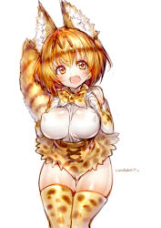 Rule 34 | 10s, 1girl, animal ears, artist name, breasts, brown eyes, brown hair, covered erect nipples, highres, kemono friends, large breasts, looking at viewer, rondo bell, serval (kemono friends), serval print, serval tail, short hair, simple background, smile, solo, tail, thighs, white background
