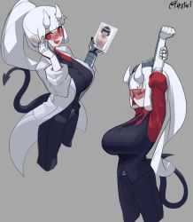 Rule 34 | 1girl, absurdres, adjusting eyewear, adjusting glasses, arms up, azazel (helltaker), breasts, censored, cleavage, coat, commentary request, demon girl, demon tail, firstw1, formal, glasses, goggles, grey background, helltaker, highres, holding, horns, lab coat, large breasts, long hair, long sleeves, looking at viewer, looking over eyewear, loremaster (helltaker), mosaic censoring, multiple views, necktie, open clothes, open coat, open mouth, ponytail, red-tinted eyewear, red-tinted glasses, red shirt, shirt, sleeves rolled up, standing, stretching, suit, sunglasses, tail, tinted eyewear, visor, white coat, white hair