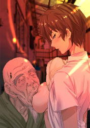 Rule 34 | 1boy, 1girl, age difference, bald, breast sucking, breasts, breasts out, brown eyes, brown hair, closed eyes, clothed sex, clothes, highres, kosokosomaru (higashi taishi), medium breasts, old, old man, older man and younger girl, open mouth, original, school uniform, short hair