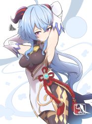 Rule 34 | 1girl, ahoge, armpits, arms behind head, arms up, bare shoulders, black bodysuit, blue hair, blush, bodysuit, breasts, closed mouth, commentary request, curled horns, ganyu (genshin impact), genshin impact, hair between eyes, highres, horns, idaten93, long hair, looking at viewer, medium breasts, red eyes, solo, squiggle, very long hair, white background
