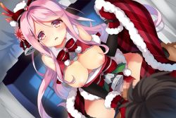 Rule 34 | 1boy, 1girl, bell, black hair, bow, breasts, breasts out, censored, christmas, clothed sex, cowgirl position, flower knight girl, game cg, girl on top, gloves, hair bow, hair intakes, hetero, kurot, large breasts, long hair, looking at viewer, mosaic censoring, nipples, official art, pink eyes, pink hair, red bow, red gloves, sangobana (flower knight girl), sex, shiny skin, straddling, vaginal, waist bow