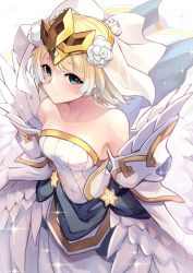 Rule 34 | 1girl, bare shoulders, blonde hair, blue eyes, blue hair, blush, breasts, bridal veil, bride, bride (fire emblem), closed mouth, collarbone, commentary request, crown, dress, earrings, fire emblem, fire emblem heroes, fjorm (fire emblem), flower, gradient hair, hair between eyes, hair flower, hair ornament, highres, jewelry, looking at viewer, medium breasts, multicolored hair, nakabayashi zun, nintendo, short hair, smile, solo, veil, wedding dress, white dress, white flower