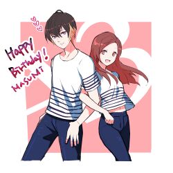 Rule 34 | 1boy, 1girl, :d, a3!, black hair, blue pants, brown eyes, brown hair, character name, closed mouth, commentary request, forehead, happy birthday, heart, kuzumochi (kuzumochiya), locked arms, long hair, looking at viewer, midriff peek, multicolored hair, navel, open mouth, pants, parted bangs, pink background, shirt, short sleeves, smile, striped clothes, striped shirt, tachibana izumi (a3!), two-tone background, two-tone hair, usui masumi, white background, white shirt
