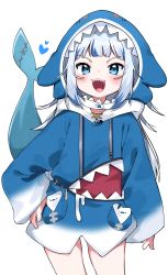 Rule 34 | 1girl, :d, absurdres, blue eyes, blue hair, blue hoodie, blush, commentary, drawstring, fins, fish tail, gawr gura, gawr gura (1st costume), hand on own hip, heart, highres, hololive, hololive english, hood, hood up, hoodie, long sleeves, looking at viewer, multicolored hair, open mouth, shark tail, sharp teeth, simple background, sleeves past wrists, smile, solo, standing, streaked hair, tail, tail raised, teeth, tosyeo, v-shaped eyebrows, virtual youtuber, white background, wide sleeves