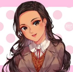 Rule 34 | 1girl, :d, artist name, black hair, blazer, blush, breasts, brown eyes, brown jacket, collared shirt, commentary request, cosplay, dated, doki doki literature club, dress shirt, forehead, jacket, kobutanori, long hair, looking at viewer, medium breasts, neck ribbon, open mouth, original, polka dot, polka dot background, red ribbon, ribbon, shirt, smile, solo, sweater vest, teeth, thick eyebrows, upper body, upper teeth only, white background, white shirt