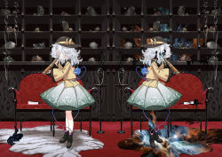 Rule 34 | 2girls, ankle boots, black footwear, black headwear, blue eyes, book, boots, carpet, commentary, couch, dual persona, english commentary, floral print, frilled sleeves, frills, from side, glass ornament, glint, green skirt, hat, hat ribbon, indoors, komeiji koishi, long sleeves, multiple girls, nebula, profile, ribbon, rock, rose print, rug, seeker, shelf, shirt, short hair, silver hair, skirt, sleeves past wrists, spyglass, standing, star (sky), surreal, symmetry, tentacles, third eye, touhou, vase, wide sleeves, yellow shirt