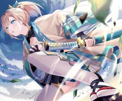 Rule 34 | 1girl, akamoku, banned artist, black gloves, blonde hair, blue eyes, cloud, cloudy sky, commentary request, day, fighting stance, fingerless gloves, from below, gloves, hair ribbon, haori, highres, holding, holding sheath, hololive, japanese clothes, kazama iroha, long sleeves, looking away, pleated skirt, ponytail, ready to draw, ribbon, sandals, sheath, sheathed, short hair, skirt, sky, solo, spread legs, sword, tabi, thighhighs, virtual youtuber, weapon, white thighhighs