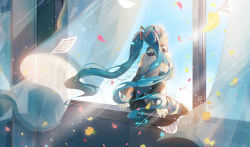 Rule 34 | 1girl, aqua hair, black thighhighs, closed mouth, curtains, day, detached sleeves, from behind, grey shirt, hatsune miku, headphones, headphones around neck, highres, light rays, long hair, looking up, petals, pleated skirt, sheet music, shirt, sitting, skirt, smile, solo, sunbeam, sunlight, tatsumi3, thighhighs, twintails, very long hair, vocaloid, window
