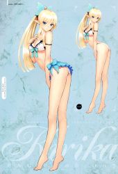 Rule 34 | 1girl, absurdres, arched back, armband, ass, back, bare shoulders, barefoot, bikini, blonde hair, blue eyes, blush, bow, breasts, butterfly hair ornament, cleavage, dimples of venus, earrings, elf, flat color, frills, front-tie bikini top, front-tie top, full body, hair ornament, hand on own chest, high ponytail, highres, jewelry, kirika towa alma, kneepits, leaning forward, legs, long hair, long legs, long pointy ears, looking at viewer, multiple views, navel, official art, parted lips, pointy ears, ponytail, ribbon, ribbon-trimmed bikini, ribbon trim, sarong, shining (series), shining resonance, sidelocks, simple background, sketch, string bikini, swimsuit, tiptoes, tony taka, underboob, white background, white bikini