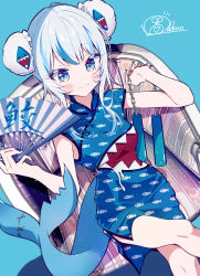 Rule 34 | 1girl, absurdres, adapted costume, blue background, blue dress, blue eyes, blue hair, blue nails, blush, breasts, bun cover, chair, china dress, chinese clothes, closed mouth, commentary request, crossed legs, double bun, dress, elbow rest, fins, fish tail, folding fan, gawr gura, hair bun, hair ornament, hand fan, hand fan writing, highres, holding, holding fan, holding nunchaku, holding weapon, hololive, hololive english, ichijo rei, looking at viewer, multicolored hair, nail polish, nunchaku, shark hair ornament, shark tail, short dress, short hair, sidelocks, signature, simple background, sitting, small breasts, smile, solo, streaked hair, tail, virtual youtuber, weapon, white hair