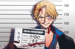 Rule 34 | 1boy, artist name, black eyes, blonde hair, blood, blood on clothes, blood on face, brown gloves, character name, gloves, grin, holding, holding sign, looking at viewer, male focus, mugshot, no headwear, no headwear, one piece, pipi 080, raised eyebrow, sabo (one piece), scar, scar on face, shadow, short hair, sign, smile, solo, straight-on, wavy hair