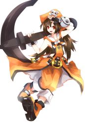 Rule 34 | 1girl, arc system works, belt, belt buckle, boots, brown hair, buckle, fingerless gloves, flat chest, gloves, guilty gear, hasu (windmill2ndg), hat, highres, huge weapon, long hair, may (guilty gear), midriff, orange eyes, orange hat, orange shirt, over shoulder, pants, pants rolled up, pirate hat, salute, shirt, skull, skull and crossbones, solo, weapon, weapon over shoulder
