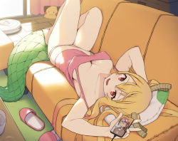 Rule 34 | 1girl, armpits, bare arms, bare legs, bare shoulders, barefoot, blonde hair, blouse, blush, breasts, cable, camisole, can, cellphone, charging device, cleavage, cloba, collarbone, commentary request, couch, covered erect nipples, dragon girl, dragon horns, dragon tail, fang, from above, full body, highres, holding, holding phone, horns, indoors, kobayashi-san chi no maidragon, kobayashi (maidragon), large breasts, large tail, long hair, looking at viewer, lying, navel, no bra, no pants, on back, open mouth, orange eyes, panties, phone, pillow, pink shirt, robotic vacuum cleaner, shirt, sitting, slippers, slit pupils, smartphone, smile, solo, spaghetti strap, tail, thighs, tohru (maidragon), underwear, underwear only, unworn slippers