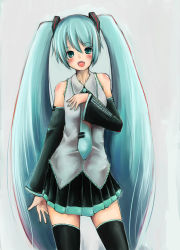 Rule 34 | 1girl, aqua eyes, aqua hair, bad id, bad pixiv id, bare shoulders, blush, detached sleeves, hand on own chest, haruyuki, hatsune miku, long hair, necktie, open mouth, skirt, solo, thighhighs, twintails, very long hair, vocaloid