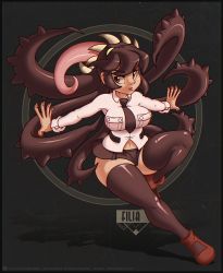 Rule 34 | 1girl, black hair, black thighhighs, breasts, character name, filia (skullgirls), highres, large breasts, lips, living hair, loafers, long hair, long tongue, miniskirt, necktie, outstretched arms, red eyes, samson (skullgirls), school uniform, shiny clothes, shirt, shoes, skirt, skullgirls, solo, stephan eggink, tentacle hair, thighhighs, tongue, tongue out