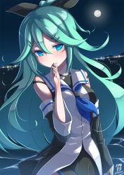 Rule 34 | 10s, 1girl, 2016, aqua eyes, aqua hair, arm at side, bare shoulders, black dress, blurry, blush, breasts, dated, depth of field, detached sleeves, dress, finger to mouth, full moon, hair between eyes, hair ornament, hairclip, highres, island, kantai collection, long hair, looking at viewer, moon, night, night sky, signature, sky, small breasts, solo, upper body, water, yamakaze (kancolle), yaosera