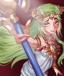 Rule 34 | 1girl, absurdres, armlet, bare shoulders, breasts, choker, commission, commissioner upload, dress, green eyes, green hair, highres, holding, holding staff, jewelry, kid icarus, kid icarus uprising, long hair, looking up, necklace, nintendo, palutena, parted bangs, pendant, resolution mismatch, salmonjee, sleeveless, sleeveless dress, smile, solo, source smaller, staff, strapless, strapless dress, very long hair, white dress