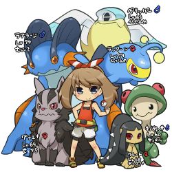 Rule 34 | 1girl, belt, bike shorts, black shirt, blush, bow, breloom, brown hair, character name, chibi, closed mouth, commentary request, contrapposto, creatures (company), fukurou (owl222), game freak, gen 2 pokemon, gen 3 pokemon, grey shorts, hair bow, hairband, holding, lanturn, looking at viewer, mars symbol, mawile, may (pokemon), mightyena, nintendo, pelipper, poke ball, poke ball (basic), pokemon, pokemon (creature), pouch, purple eyes, shirt, shoes, shorts, simple background, smile, sneakers, standing, swampert, venus symbol, white background
