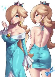 Rule 34 | 1girl, aqua dress, artist logo, artist name, ass, backless outfit, bare shoulders, blonde hair, breasts, brooch, cleavage, collarbone, crown, dress, earrings, from behind, hair over one eye, highres, jewelry, large breasts, long dress, looking at viewer, looking back, mario (series), mini crown, multiple views, nintendo, off-shoulder dress, off shoulder, pink lips, pink nails, rosalina, short dress, simple background, star (symbol), star brooch, star earrings, super mario galaxy, toggy keiichi, white background