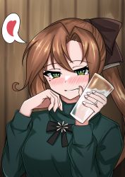 Rule 34 | 1girl, absurdres, akigumo (kancolle), blush, brown hair, cup, drinking glass, green eyes, green sweater, hair ribbon, heart, highres, holding, holding cup, kantai collection, long hair, long sleeves, mole, mole under eye, official alternate costume, ponytail, ribbon, solo, speech bubble, spoken heart, sweater, tokiwa senkei, upper body