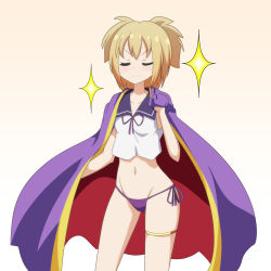 Rule 34 | 1girl, adapted costume, blonde hair, cape, cato (monocatienus), closed eyes, commentary request, cowboy shot, crop top, facing viewer, gradient background, groin, highres, navel, no pants, panties, purple cape, purple panties, red cape, sailor collar, short hair, side-tie panties, simple background, smile, smug, solo, sparkle, swimsuit, thighlet, touhou, toyosatomimi no miko, two-sided cape, two-sided fabric, underwear, v-shaped eyebrows