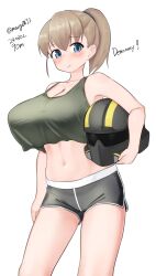 Rule 34 | 1girl, absurdres, alternate costume, bare shoulders, black shorts, blue eyes, blush, breasts, brown hair, closed mouth, commentary request, dated, english text, feet out of frame, green tank top, helmet, highres, holding, holding helmet, intrepid (kancolle), kantai collection, large breasts, maru (marg0613), medium hair, midriff, motorcycle helmet, navel, one-hour drawing challenge, ponytail, short shorts, shorts, simple background, smile, solo, tank top, twitter username, white background