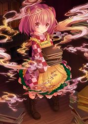 Rule 34 | 1girl, apron, bell, book, boots, character name, checkered clothes, checkered kimono, clothes writing, cross-laced footwear, hair bell, hair ornament, japanese clothes, kimono, lace-up boots, motoori kosuzu, pi-pie, red eyes, red hair, smile, smoke, touhou