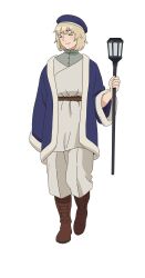 Rule 34 | 1girl, baggy pants, belt, blue hat, blue robe, boots, brown belt, brown footwear, closed eyes, dungeon meshi, falin touden, falin touden (tallman), full body, grey hair, hat, highres, holding, holding staff, light smile, official art, pants, robe, short hair, simple background, solo, staff, tachi-e, transparent background, two-tone robe, white pants, white robe