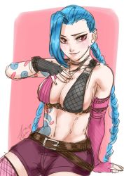 Rule 34 | 1girl, arm tattoo, belt, blue hair, braid, breasts, bullet, cleavage, female focus, gloves, highres, jinx (league of legends), league of legends, long hair, pink eyes, shorts, single thighhigh, sitting, solo, tattoo, thighhighs, twin braids