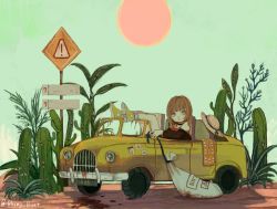 Rule 34 | 1girl, bag, brown hair, cactus, car, choker, commentary, english commentary, expressionless, green sky, hat, highres, jewelry, kapura, long hair, motor vehicle, necklace, off shoulder, original, red sun, shoes, sign, sitting, solo, twitter username, vehicle focus, wide shot, yellow footwear