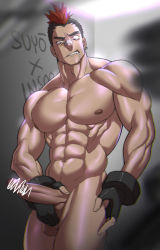 Rule 34 | 1boy, abs, bandaid, bandaid on face, bandaid on nose, bara, black hair, censored, collaboration, completely nude, cowboy shot, erection, fingerless gloves, gloves, highres, kill la kill, kinagase tsumugu, male focus, male masturbation, masturbation, mohawk, multicolored hair, muscular, na insoo, navel, nipples, nude, penis, red hair, saliva, saliva trail, short hair, solo, suyohara, testicles, thick eyebrows, thick thighs, thighs, two-tone hair
