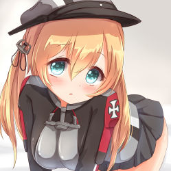 Rule 34 | 10s, 1girl, blonde hair, blue eyes, gradient background, hair ornament, hat, highres, kantai collection, kisa (k isa), long hair, open mouth, peaked cap, prinz eugen (kancolle), solo, twintails, uniform