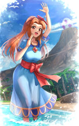 Rule 34 | 1girl, absurdres, beach, blue dress, brooch, brown eyes, brown hair, cloud, dress, egg, flower, gonzarez, hair flower, hair ornament, hand to own mouth, highres, jewelry, log, looking at viewer, marin (zelda), mountain, nintendo, palm tree, red ribbon, ribbon, see-through, see-through dress, smile, the legend of zelda, the legend of zelda: link&#039;s awakening, tree, waving